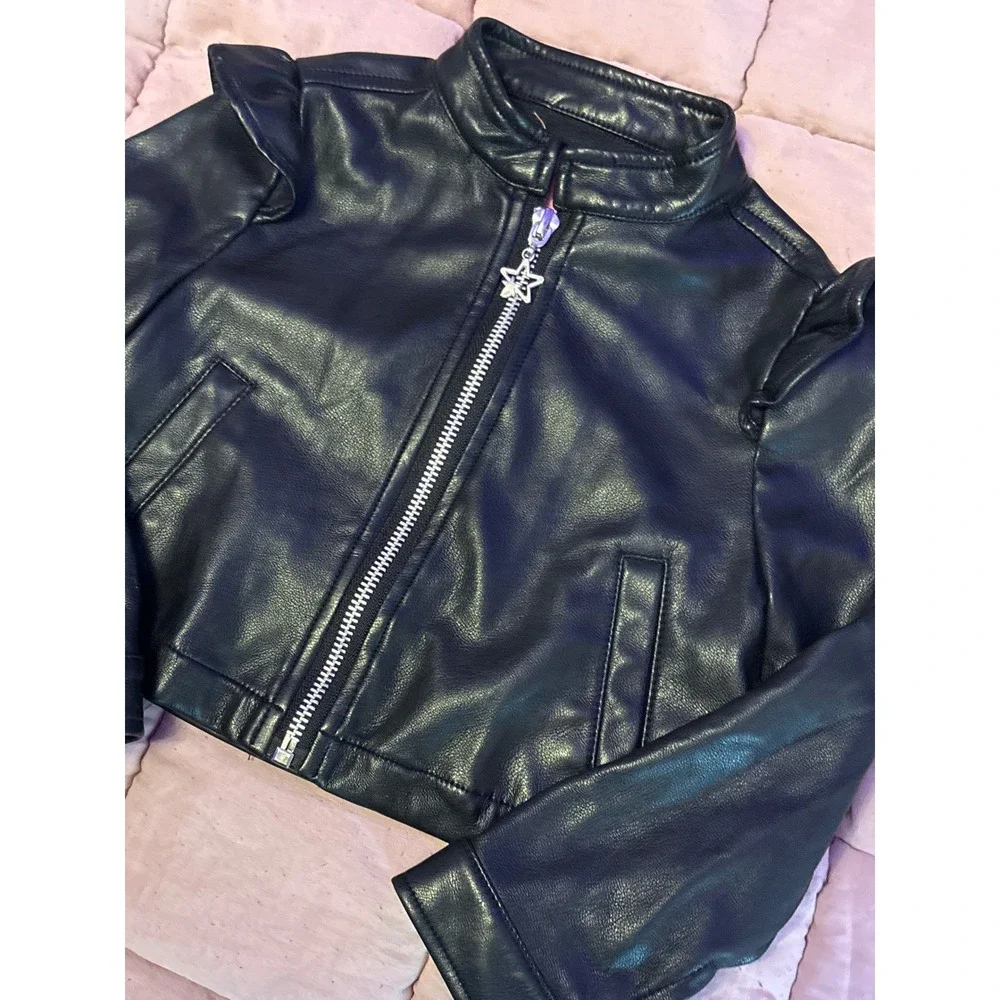 Isaac Mizrahi Toddler Girls Black Faux Leather Ruffle‎ Shoulder Moto Jacket 2T